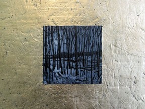 Detail of Jordan Pearson's Value in Shadows — at Night, encaustic and gold leaf on wood, 18" x 18"