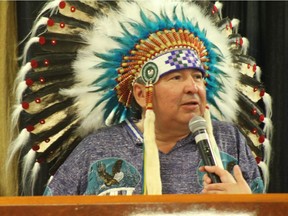 Fort McKay First Nations Chief Mel Grandjamb makes a speech at the inauguration ceremony at the Fort McKay Arena on Thursday, June 6, 2019.