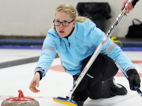 Krysta Hilker, skip of her Edmonton team, releases the rock in this file photo from the Challenge Division final at the Grande Prairie Curling Club on Oct. 29, 2017.