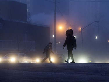 Pedestrians make their way through the extreme cold in downtown Edmonton Wednesday Jan. 15, 2020. Photo by David Bloom