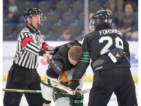 University of Alberta Golden Bears defenceman Sawyer Lange is forced to the ice and has his sweater taken off by University of Saskatchewan Huskies forward Alex Forsberg, who had just turned over the puck for an empty-net goal by Bears rookie Grayson Pawlenchuk on the way to a 3-0 win that sent Alberta to the final of the 2019 U-Sports men's hockey national championships in Lethbridge, Alberta. The two ended up fighting, which carries a one-game suspension and had Lange's status up in the air for the final. (Supplied by U SPORTS)