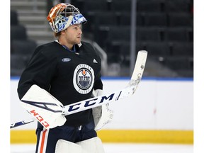 Goaltender Stuart Skinner is seen during a drill at Edmonton Oilers Rookie Camp at Rogers Place in Edmonton, on Sunday, July 8, 2019. Photo by Ian Kucerak/Postmedia
