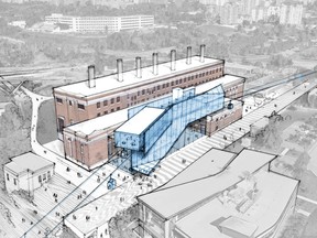 Drawing of a proposed gondola station next to the Rossdale Power Plant, announced Wednesday morning as part of Prairie Sky Gondola's plan for a three-km gondola connecting Downtown to Rossdale and Old Strathcona. (Supplied)