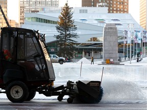 City of Edmonton crews cleaned Churchill Square after an overnight snowfall in Edmonton, on Thursday, Jan. 2, 2020.