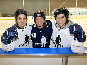 L-R, Iya Gavrilova, Megan Grenon and Erica Kromm took part in the Secret Equal Sweat, Equal Opportunity Skate Rally at the Brookfield Residential YMCA at Seton in Calgary.