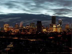 Downtown lights shine after sunset on a cold winter night seen from Forest Heights Park in Edmonton, on Monday, Jan. 6, 2020.