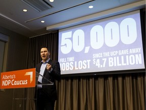 Deron Bilous, NDP Opposition critic for economic development, speaks about Statistics Canada job numbers showing job losses in Alberta during a news conference at the Federal Building in Edmonton on Friday, Jan. 10, 2020.