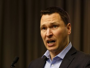 Deron Bilous, NDP Official Opposition Critic for Economic Development, speaks about Statistics Canada job numbers showing job losses in Alberta during a press conference at the Federal Building in Edmonton, on Friday, Jan. 10, 2020. Photo by Ian Kucerak/Postmedia