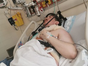 Taber, Alta. crash survivor Dorian Gladue broken both left, part of his pelvis, hips, fractured his neck and is suffering internal bleeding after a two-vehicle crash left four dead and injured many others.