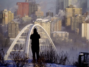 Jordan Thew stopped to gaze at the bone-chilling downtown Edmonton skyline on Tuesday January 14, 2020, when temperatures dropped to -43C degrees with the wind chill. Unseasonably cold temperatures are expected for the rest of the week in the Edmonton region.