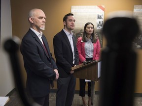 From left, Ajay Pandhi, President of the Alberta College of Social Workers , Joel French, Executive Director of Public Interest Alberta, and Sandra Ngo, of the Edmonton Social Planning Council held a media conference to release a new report on the state of child and family poverty in Alberta on Jan. 14, 2020.