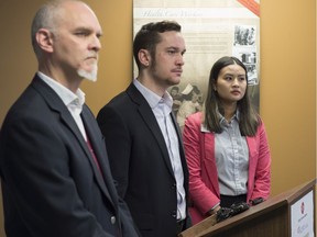 From left, Ajay Pandhi, President of the Alberta College of Social Workers , Joel French, Executive Director of Public Interest Alberta, and Sandra Ngo, of the Edmonton Social Planning Council  held a media conference to release a new report on the state of child and family poverty in Alberta on January 14, 2020.