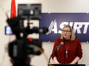 Alberta Serious Incident Response Team (ASIRT)  executive director Susan Hughson gives a report on her findings into an Oct. 19, 2017, shooting death of a 26-year-old man who was shot during an interaction with Gleichen RCMP officers during a press conference in Edmonton, on Tuesday, Oct. 14, 2020. Photo by Ian Kucerak/Postmedia