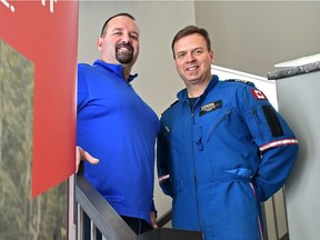 Patient Jody Holba, left, who needed STARS in 2009, with STARS pilot Jon Gogan at the launch of the 27th edition of the STARS lottery on Thursday, Jan. 16, 2020, at one of the three grand prize show homes in Griesbach.