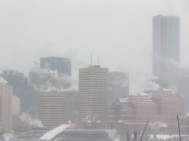 Downtown Edmonton is seen shrouded in ice fog as the daytime temperature hovered around -25 degrees Celcius in Edmonton, on Thursday, Jan. 16, 2020.