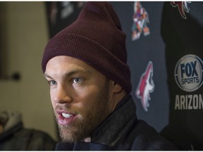 Taylor Hall is scrummed by media at Rogers Place on Friday, Jan. 17, 2020.
