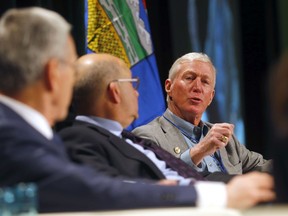 L-R, Honorable Joe Oliver, Dr. Jack Mintz and Dr. Ted Morton speak at the Economic Value of Alberta panel during the Value of Alberta conference at the Telus Convention Centre in Calgary on Saturday, January 18, 2020.