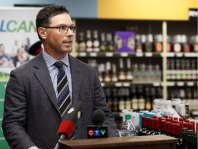 Doug Schweitzer, Minister of Justice and Solicitor General, speaks during a government of Alberta press conference announcing a working group on liquor store theft at Ace Liquor in Edmonton, on Monday, Jan. 20, 2020.