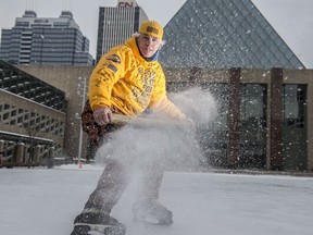 Steve McNeil, of Toronto, skates for 19 hours and 26 minutes to raise awareness and funds for Alzheimer's disease on January 20, 2020 at city hall in Edmonton. He will skate in 10 provinces and 12 cities across Canada this winter.