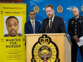 Jason Banack, director of the Crime Stoppers Association of Edmonton and Northern Alberta, speaks during a press conference at Edmonton Police Service headquarters on Tuesday, Jan. 21, 2020. The Bolo Program is offering a $50,000 reward into the arrest of Amin Yussuf, wanted in connection to a 2019 fatal shooting at Xhale Lounge in Edmonton. Photo by Ian Kucerak/Postmedia
