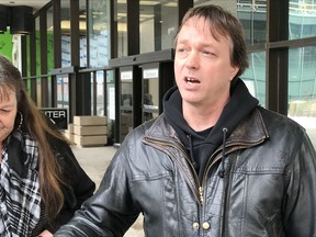 Todd Lambert speaks to media after Justice James Neilson denied his bid to strike his guilty plea to dangerous driving in the death of 43-year-old Fort McMurray evacuee Natalie Hawkins. The Crown wants Neilson to serve three years in prison, though Lambert maintains he is innocent of the crime and entered the plea on bad legal advice.