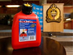 A five-litre gas can displayed by police on Wednesday, Jan. 29, 2020, to jog the memories of gas station employees or others who may have seen homicide suspects fill up a jerry can before a car was torched last weekend.