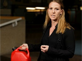 Acting Staff Sgt. Michelle Greening speaks during a news conference at EPS headquarters in Edmonton on Wednesday, Jan. 29, 2020. The police are asking for the public's help in those connected to a weekend homicide who filled a similar-looking Scepter branded five-litre gas can at a local gas station.