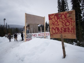 A checkpoint is seen at a bridge leading to the Unist'ot'en camp on a remote logging road near Houston, B.C., on Thursday January 17, 2019.