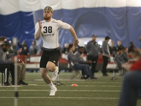 Jordan Hoover, a DB with the University of Waterloo runs the 40-yard dash during the 2017 Ontario Regional Combine for the CFL at Varsity Stadium in Toronto, Ont. on Friday March 17, 2017.