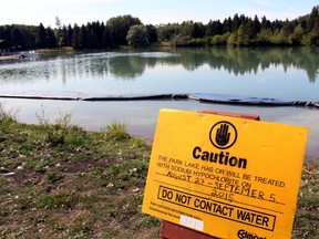 A blue-green algae warning at Hawrelak Park lake in 2015.