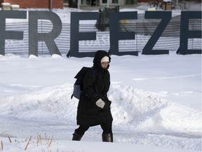 A pedestrian walks through the quad at the University of Alberta, in Edmonton Thursday Jan. 9, 2020. The sign in the background is part of the 20th annual AntiFreeze event hosted by University of Alberta Students' Union.