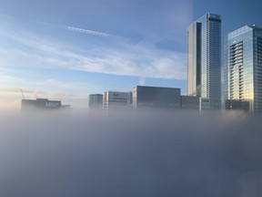 A morning fog envelops downtown Edmonton on Tuesday, Jan. 28, 2020. (Photo by Adam Sidon/Twitter)