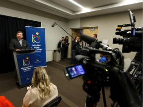 Fort McKay First Nation Chief Mel Grandjamb speaks during a press conference at the Moose Lake Together Summit in Edmonton, on Friday, Jan. 31, 2020.