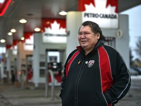 Papaschase First Nation Chief Calvin Bruneau outside the Petro Canada gas station on Calgary Trail, which the company sold to the First Nation in an act of reconciliation, in Edmonton on Friday, Jan. 3, 2020.