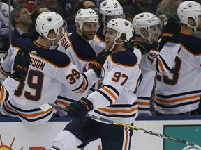 Edmonton Oilers forward Connor McDavid (97) celebrates his goal against the Toronto Maple Leafs at Scotiabank Arena. Edmonton defeated Toronto 6-4.