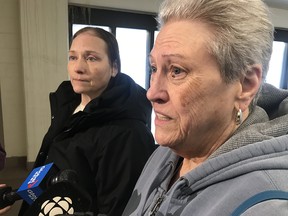 Nicole Hawkins, left, and her mother Hilda Kawkins speak to media after Todd Lambert announced his desire to withdraw his dangerous driving plea in the death of their sister and daughter, Natalie Hawkins. She was killed on May 20, 2016, when a car slammed into her SUV in Fort Saskatchewan.