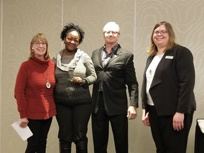 From left, Lynn Brown, Lois Hole Memorial Literacy awards recipient Abigail Agyeiwaa, Jim Hole and Kim Chung, co-executive director of the Centre for Family Literacy, attended an awards breakfast on Jan. 24 at the Westin Hotel.
