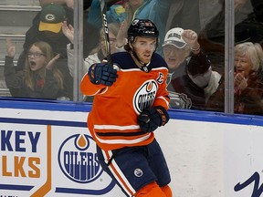 Edmonton Oilers captain Connor McDavid celebrates his goal during second period NHL hockey game action against the Arizona Coyotes in Edmonton on Saturday January 18, 2020.