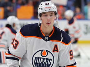 Edmonton Oilers forward Ryan Nugent-Hopkins on Jan. 2, 2020, during warmup before his NHL team plays the host Buffalo Sabres.