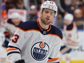 Edmonton Oilers forward Riley Sheahan on Jan. 2, 2020, during warmup before his NHL team plays the host Buffalo Sabres.