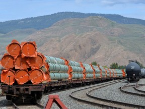 Steel pipe to be used in the oil pipeline construction of Kinder Morgan Canada's Trans Mountain Expansion Project sit on rail cars at a stockpile site in Kamloops, British Columbia, Canada May 29, 2018.
