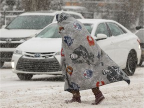 A walker uses a NHL blanket to shelter against the snow and wind as they cross 103A Avenue at 96 Street during a snowstorm in Edmonton on Wednesday, Jan. 8, 2020.