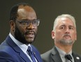 Kaycee Madu (left, Alberta Minister of Municipal Affairs) and Barry Morishita (right, President, Alberta Urban Municipalities Association) discuss topics covered at the AUMA President’s Summit on Municipal Finances held in Edmonton on Thursday January 23, 2020. (PHOTO BY LARRY WONG/POSTMEDIA)