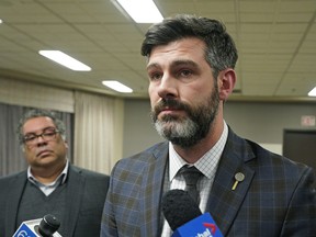 Edmonton Mayor Don Iveson (right) and Calgary Mayor Naheed Nenshi (left) discuss topics covered at the AUMA President’s Summit on Municipal Finances held in Edmonton on Thursday January 23, 2020. (PHOTO BY LARRY WONG/POSTMEDIA)