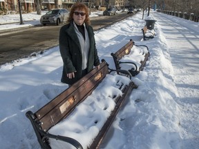 More than 120 commemorative plaques have been stolen from memorial benches around the city, including on Victoria Promenade. Sandi Belanger-Silva stands on Monday, Jan. 27, 2020, with a bench that had a plaque in honour of her parents stolen.