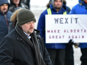 Wexit Alberta founder Peter Downing at a Wexit protest rally to demand United Conservative Party legislate a bill to hold a referendum on the lawful secession of the province of Alberta from the Confederation of Canada, at the Alberta legislature in Edmonton on Saturday, Jan. 11, 2020.