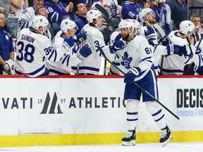 Jake Muzzin of the Toronto Maple Leafs celebrates his second- period goal at the Canadian Tire Centre on February 15, 2020 in Ottawa, Ontario, Canada. (Photo by Jana Chytilova/Freestyle Photography/Getty Images)