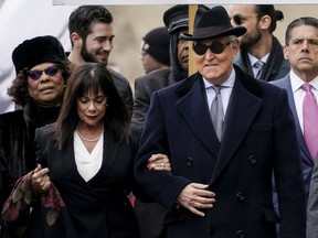 WASHINGTON, DC - FEBRUARY 20: Roger Stone, former adviser to U.S. President Donald Trump, with his wife Nydia arrives at E. Barrett Prettyman United States Courthouse on February 20, 2020 in Washington, DC. Stone is due to be sentenced today after he was found guilty on seven felony counts of obstructing a congressional investigation into Russias interference in the 2016 election.