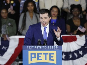 Democratic presidential candidate former South Bend, Indiana Mayor Pete Buttigieg addresses supporters during his caucus night watch party on Feb. 03, 2020 in Des Moines, Iowa.  Iowa is the first contest in the 2020 presidential nominating process with the candidates then moving on to New Hampshire.