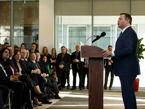 Alberta Premier Jason Kenney speaks about Sunday’s Teck Frontier cancellation, Alberta's legal challenge of the federal carbon tax, and upcoming provincial legislation at the Federal Building in Edmonton, on Monday, Feb. 24, 2020. Photo by Ian Kucerak/Postmedia